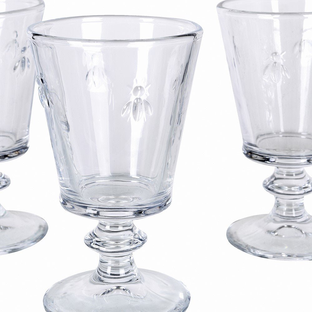 Set of 4 Clear Glass Bee Goblet Glasses