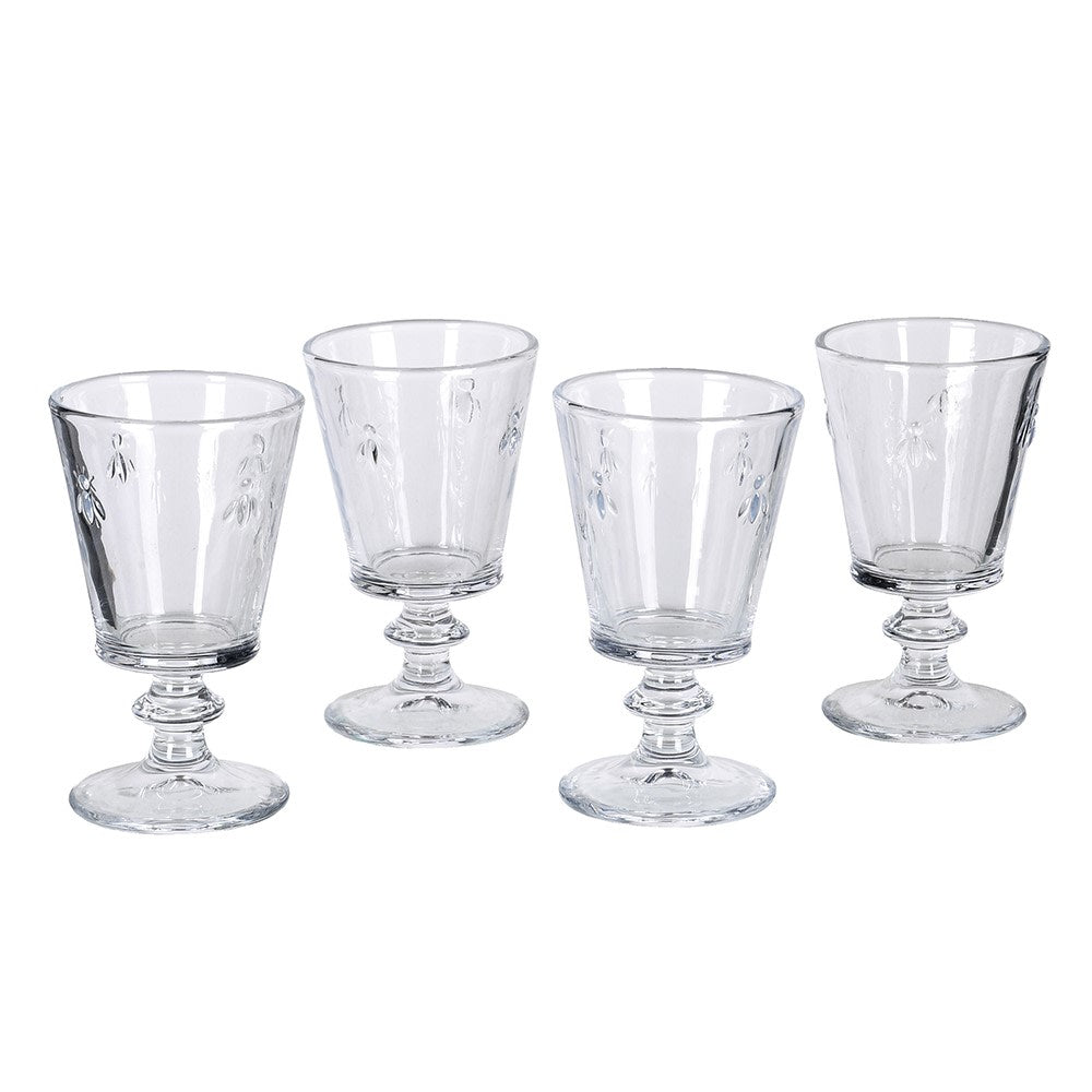 Set of 4 Clear Glass Bee Goblet Glasses