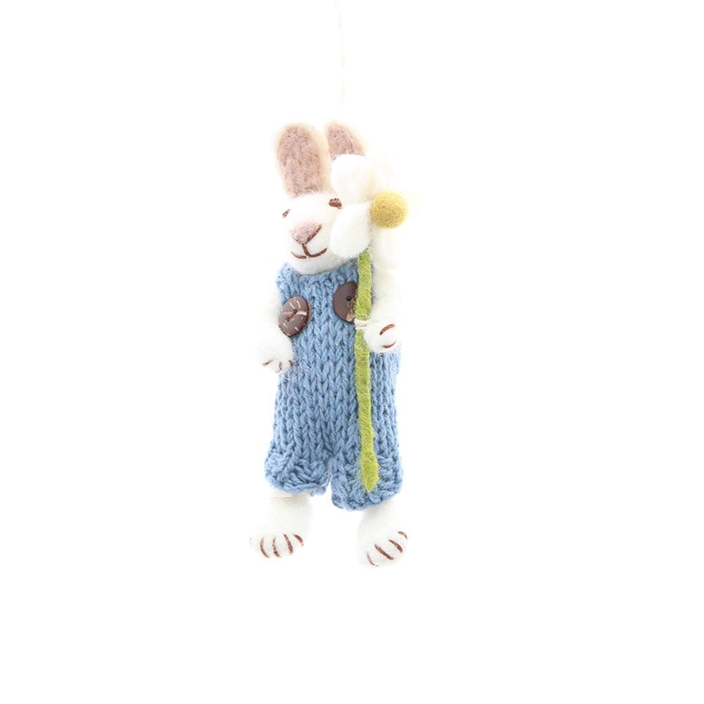 Small Felt White Bunny with Blue Pants and Margueritte