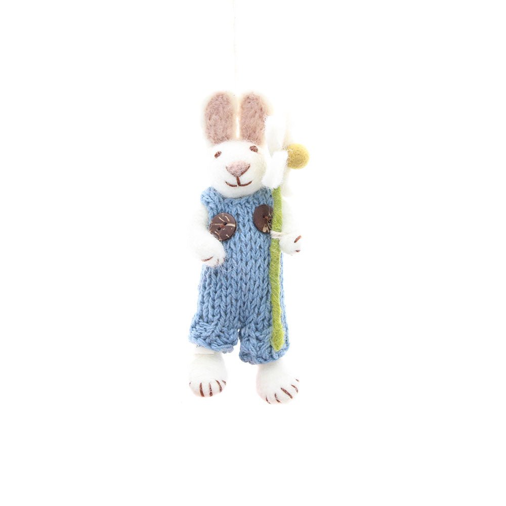 Small Felt White Bunny with Blue Pants and Margueritte