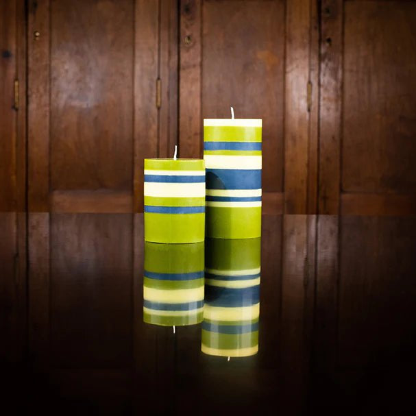 Striped Olive, Indigo and Jasmine Pillar Candle, Large 15cm