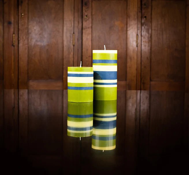 Striped Olive, Indigo and Jasmine Pillar Candle, Large 15cm
