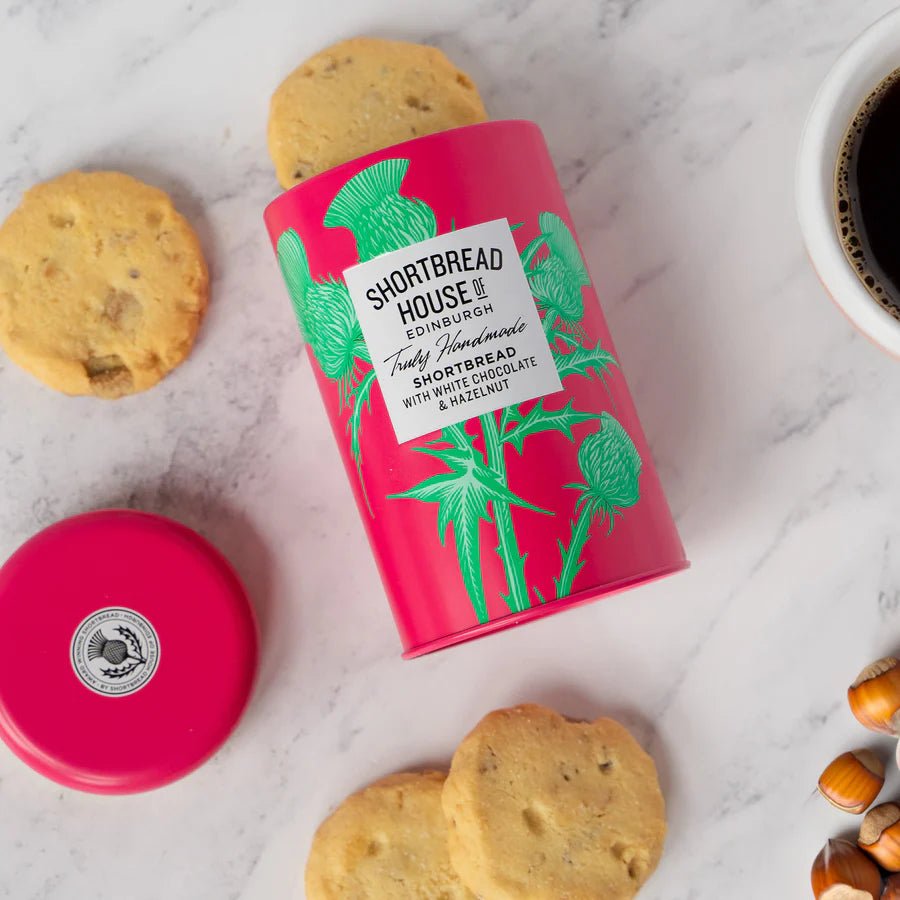 Tin of Truly Handmade Shortbread Biscuits, 140g Clotted Cream,Spanish Clementine,Madagascan Vanilla,White Chocolate & Hazelnut,Salted Caramel