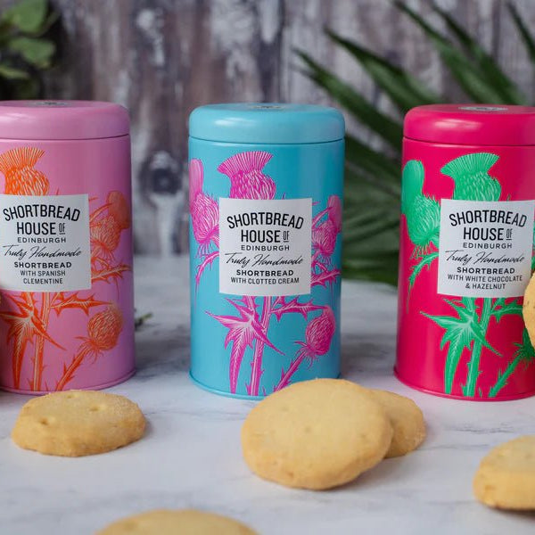 Tin of Truly Handmade Shortbread Biscuits, 140g Clotted Cream,Spanish Clementine,Madagascan Vanilla,White Chocolate & Hazelnut,Salted Caramel