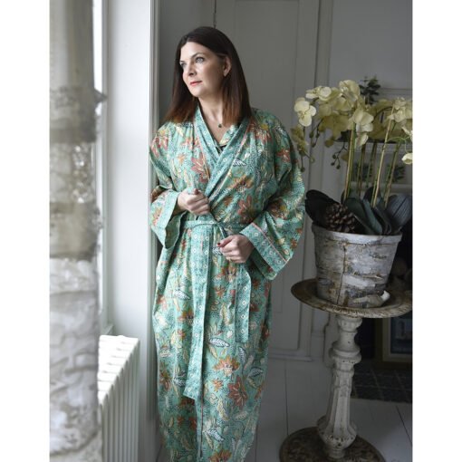Turquoise, Pink & Olive Block Floral Print Dressing Gown - Angela Reed -