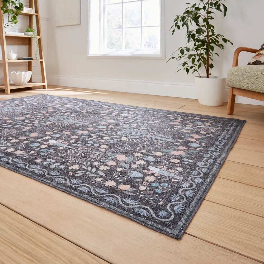Versailles Washable Rug, Black/Blue - Angela Reed -