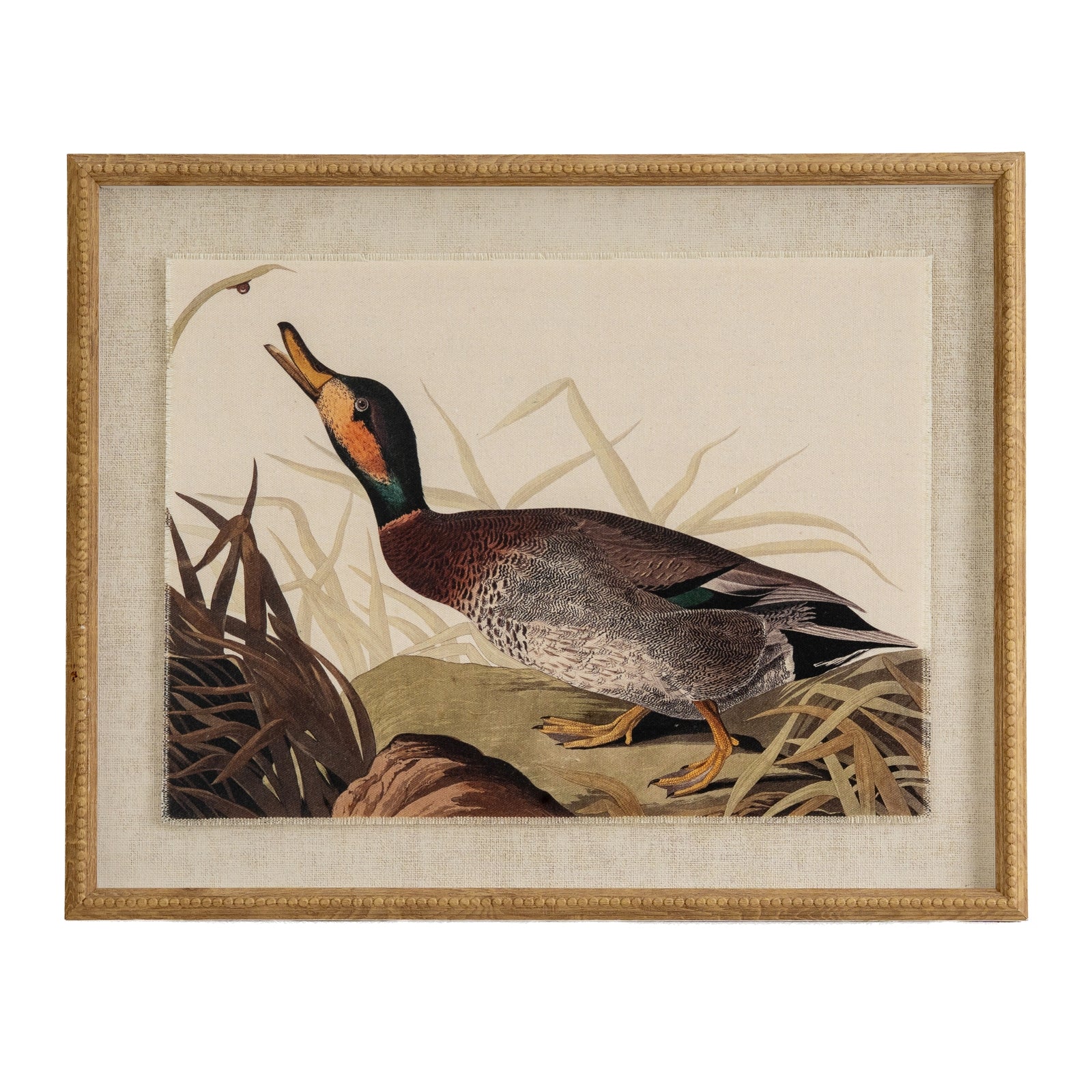 Vintage Style Ducks On Linen In Wooden Frame