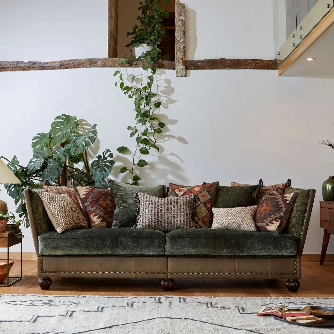 Warwick Grand Leather Sofa with Velvet Seat Cushions