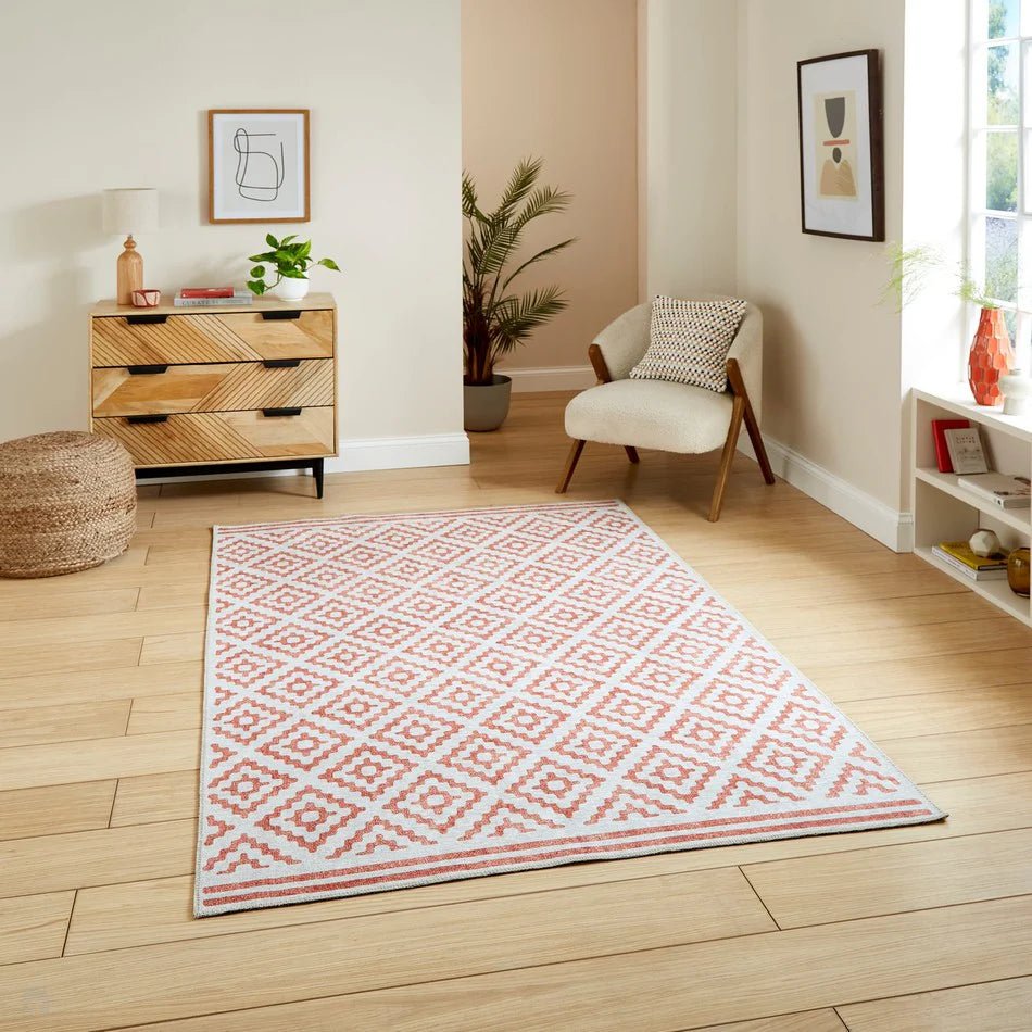 Washable Geometric Rug, Orange 61 x 120cm,61 x 170cm,76 x 150cm,76 x 230cm,122 x 170cm,152 x 230cm