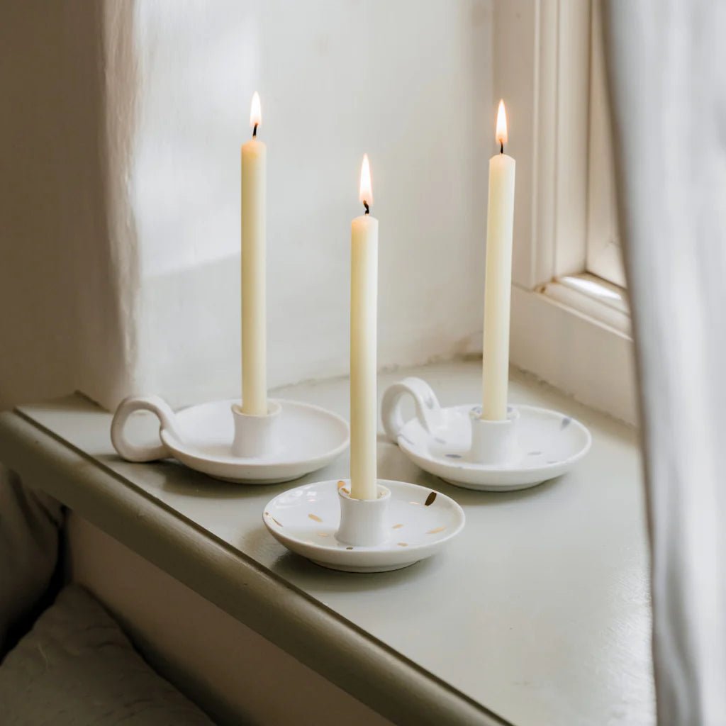 White Speckle Candle Holder with Handle