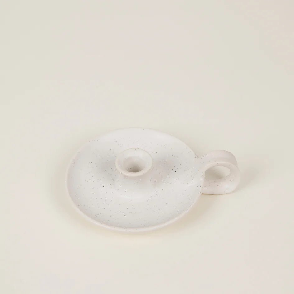 White Speckle Candle Holder with Handle