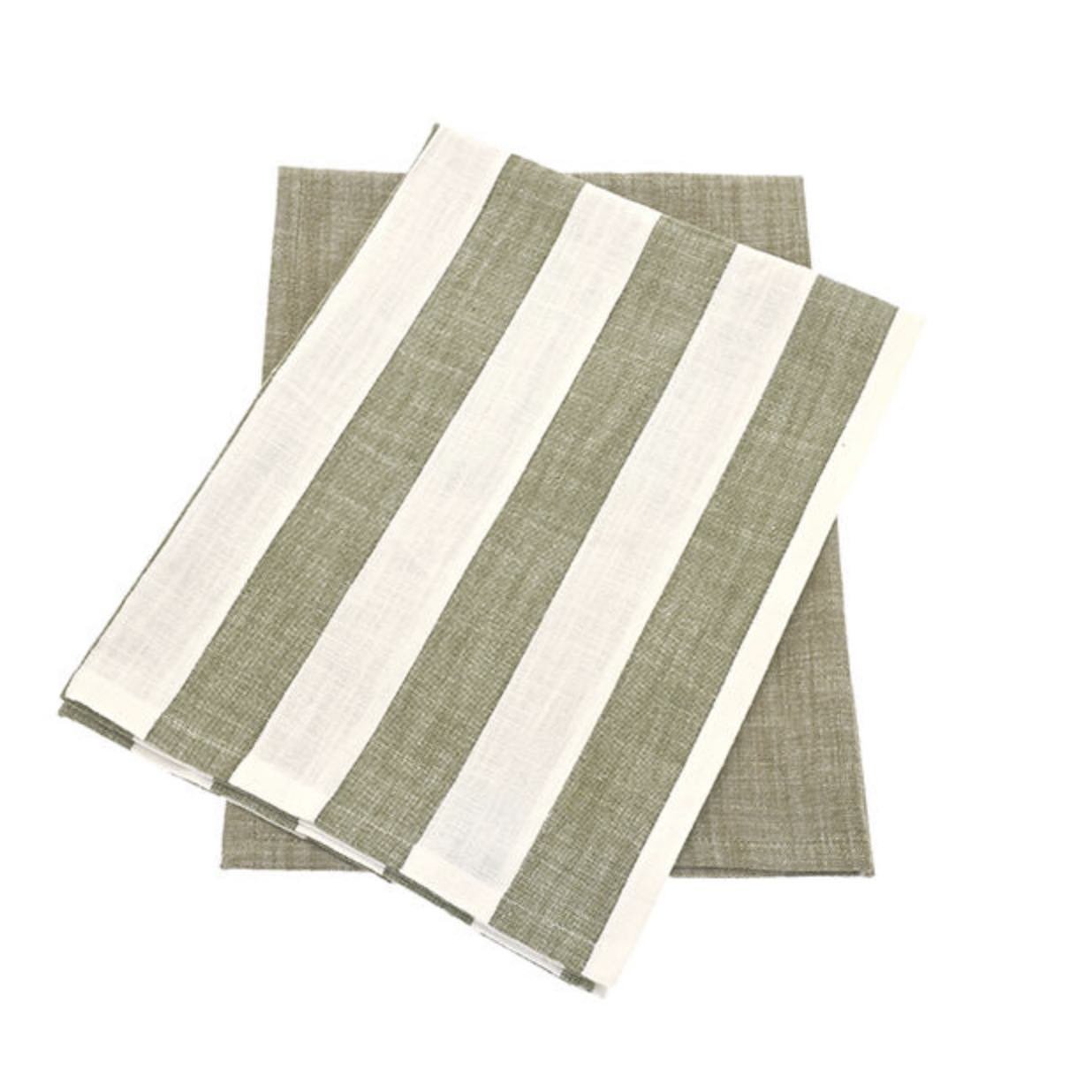Wide Stripe Tea Towel, Olive Green