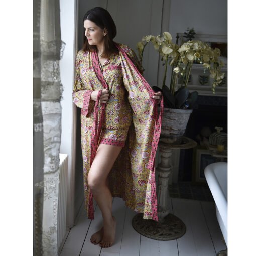 Yellow & Pink Carnation Print Dressing Gown - Angela Reed -