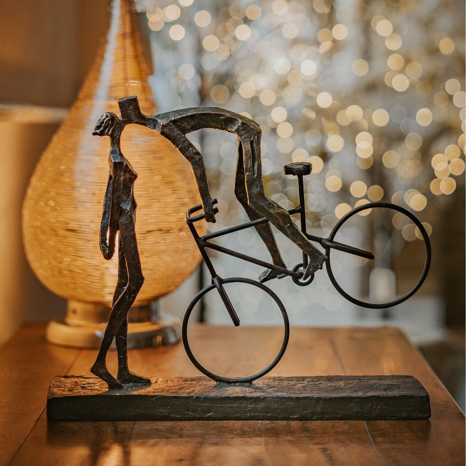 Antique Bronze Sculpture, Kissing Couple On Bike
