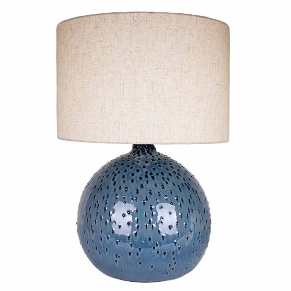 Blue Dot Ceramic Lamp with Linen Shade