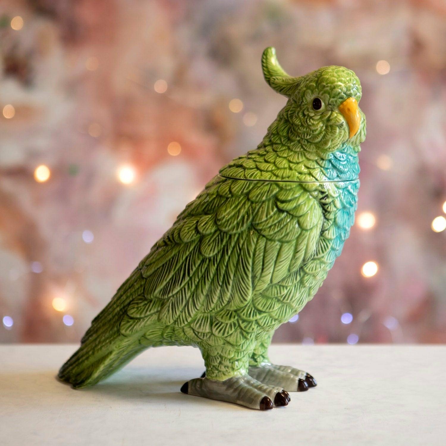 Green Parrot Ceramic Jar, Turning Head