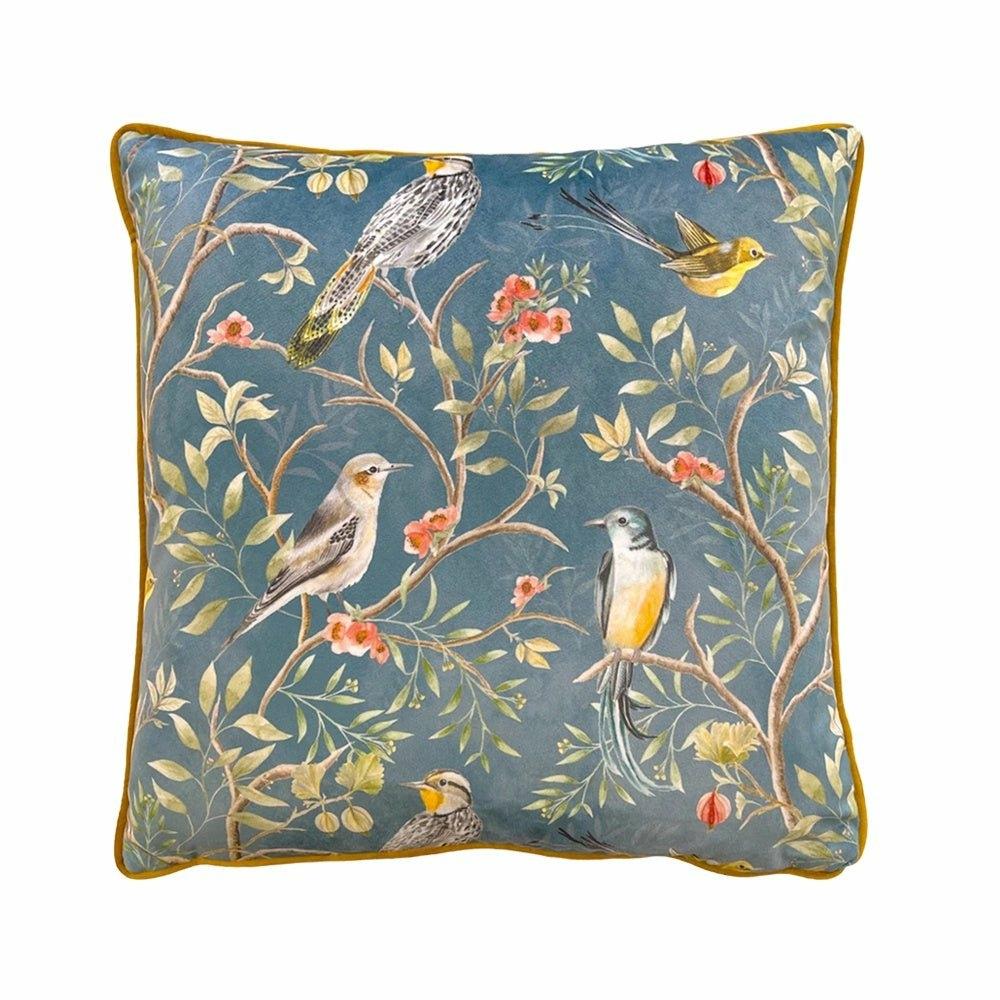 Orient Chinoiserie Birds Velvet Cushion, Slate Blue