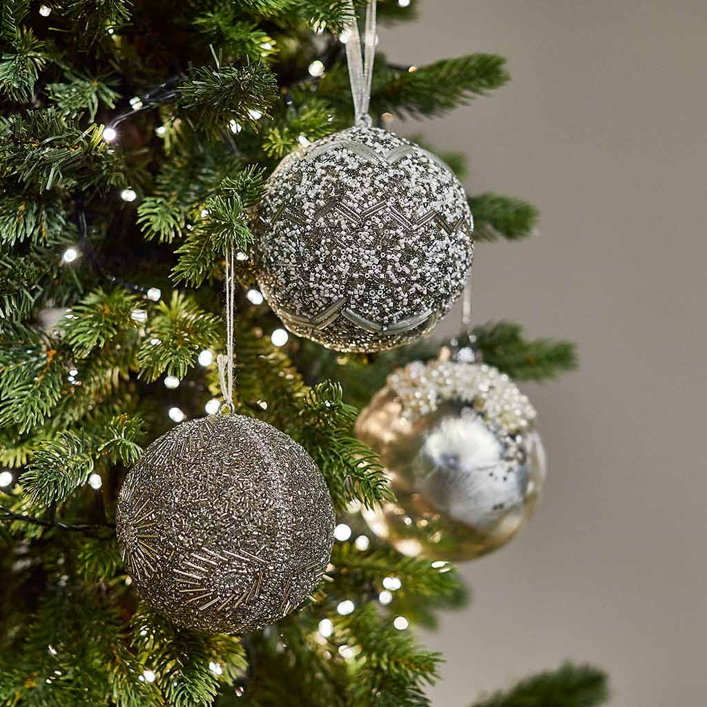 Silver Zig Zag Beaded Bauble - Angela Reed - Christmas Decorations