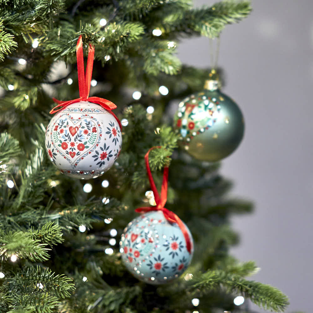 Alpine Bauble with Red Ribbon, Assorted Patterns - Angela Reed - Christmas Decorations