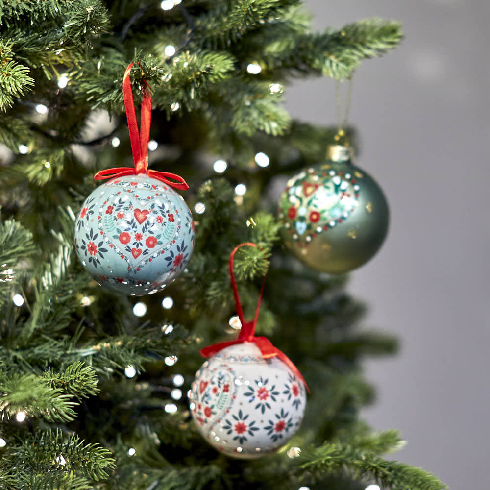 Alpine Bauble with Red Ribbon, Assorted Patterns - Angela Reed - Christmas Decorations