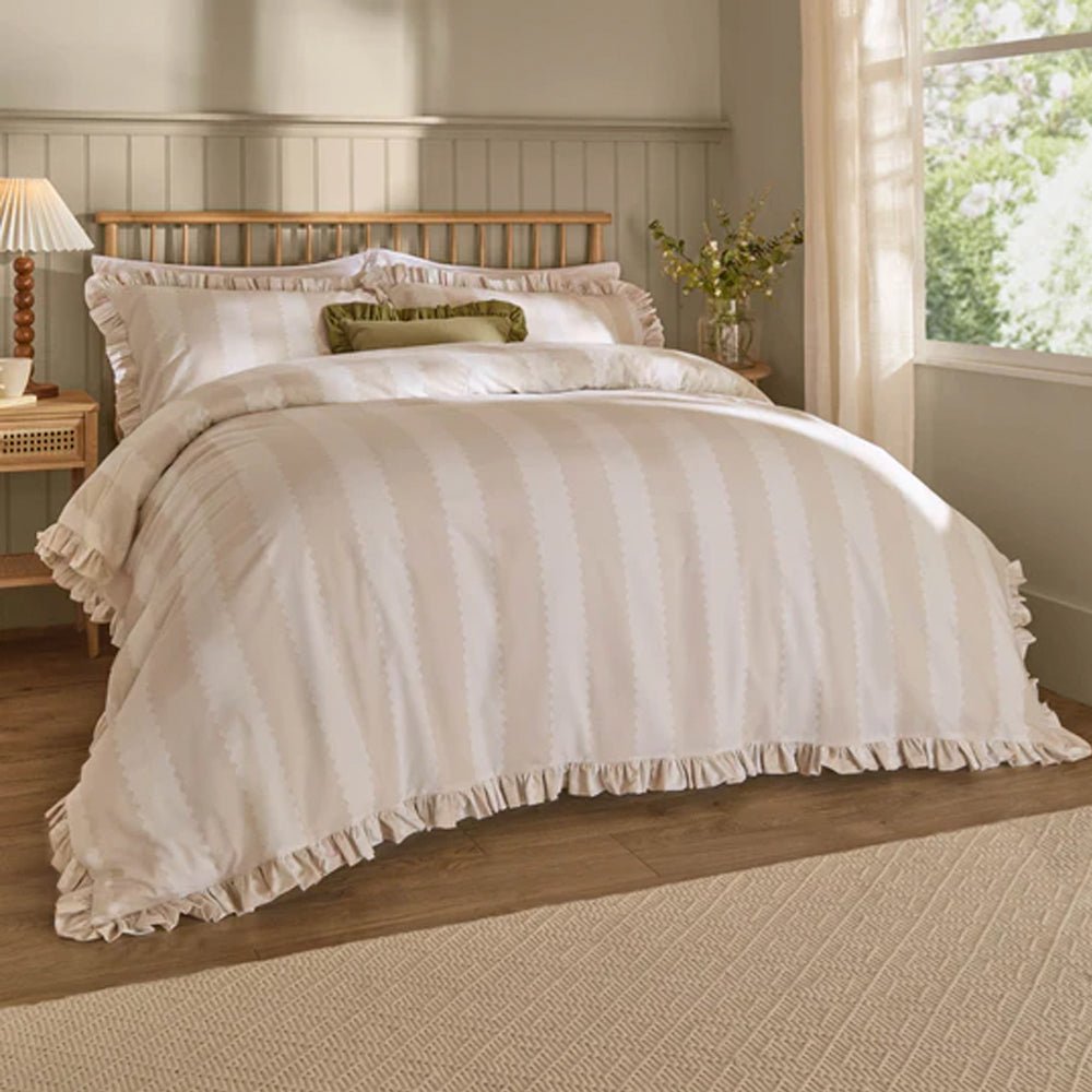Birdie Stripe Ruffle Duvet Cover Set, Oat & Milk Superking(6'),Kingsize(5'),Single(3'),Double(4')