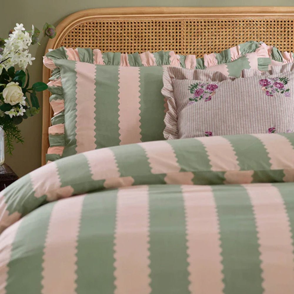 Birdie Stripe Ruffle Duvet Cover Set, Pink & Green Superking(6'),Kingsize(5'),Single(3')