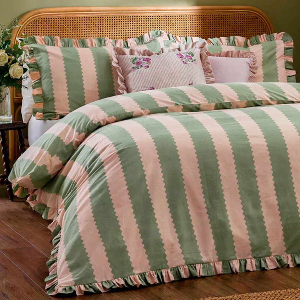 Birdie Stripe Ruffle Duvet Cover Set, Pink & Green Superking(6'),Kingsize(5'),Single(3')