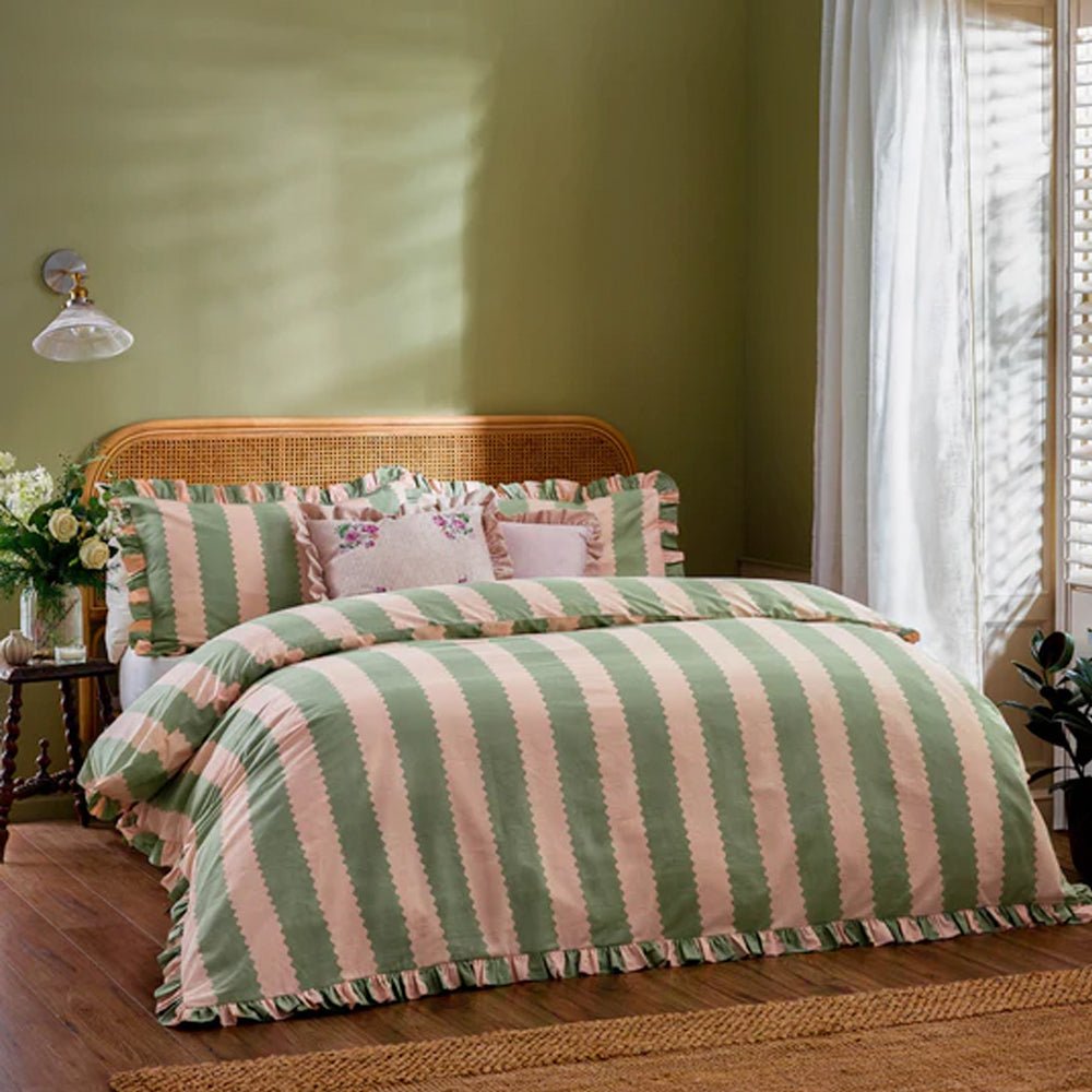 Birdie Stripe Ruffle Duvet Cover Set, Pink & Green Superking(6'),Kingsize(5'),Single(3')