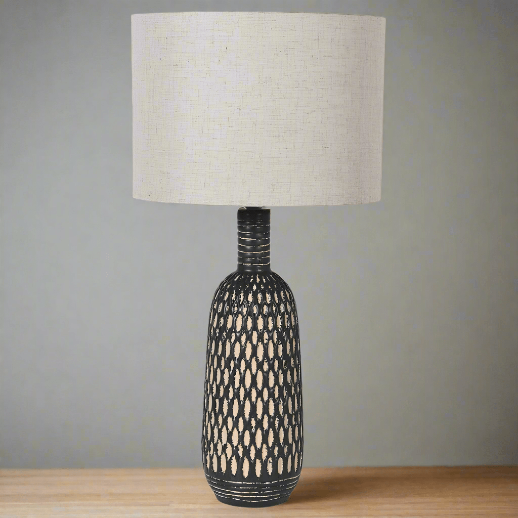 Black and White Ceramic Table Lamp with Linen Shade - Angela Reed - 