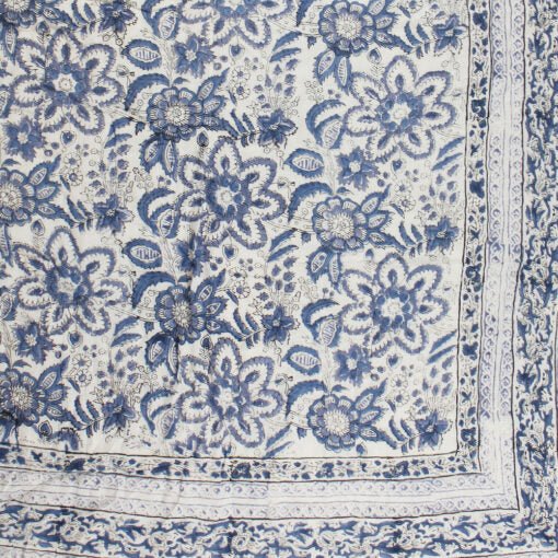 Blue and White Floral Print Cotton Bedspread - Angela Reed - 