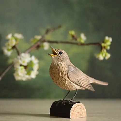Carved Wooden Nightingale Thrush