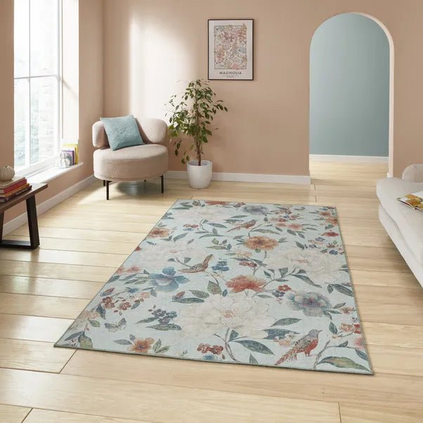 Catherine Lansfield Pippa Floral Rug, Blue 61 x 170cm,76 x 150cm,76 x 230cm,122 x 170cm,152 x 230cm