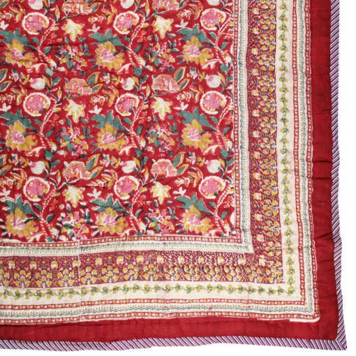 Dark Red, Green and Mustard Floral Print Cotton Bedspread - Angela Reed - 