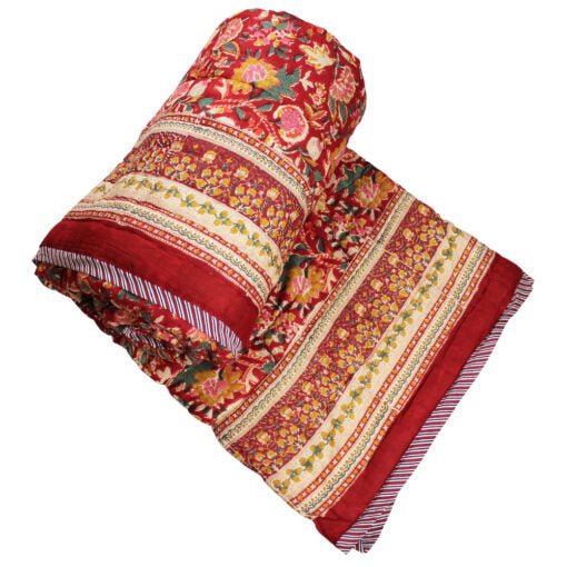 Dark Red, Green and Mustard Floral Print Cotton Bedspread - Angela Reed - 