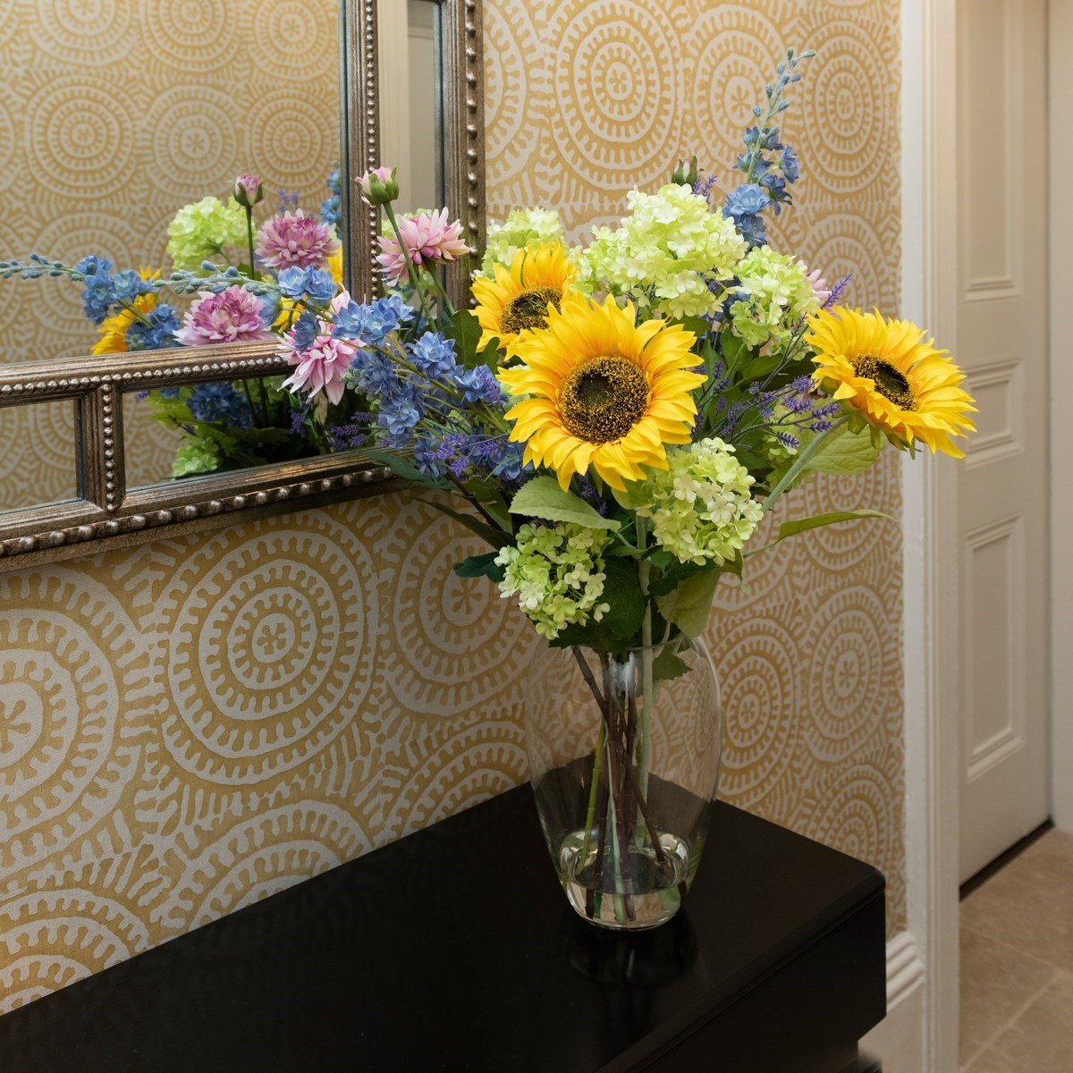 Faux Large Sunflower Mix in a Glass Vase