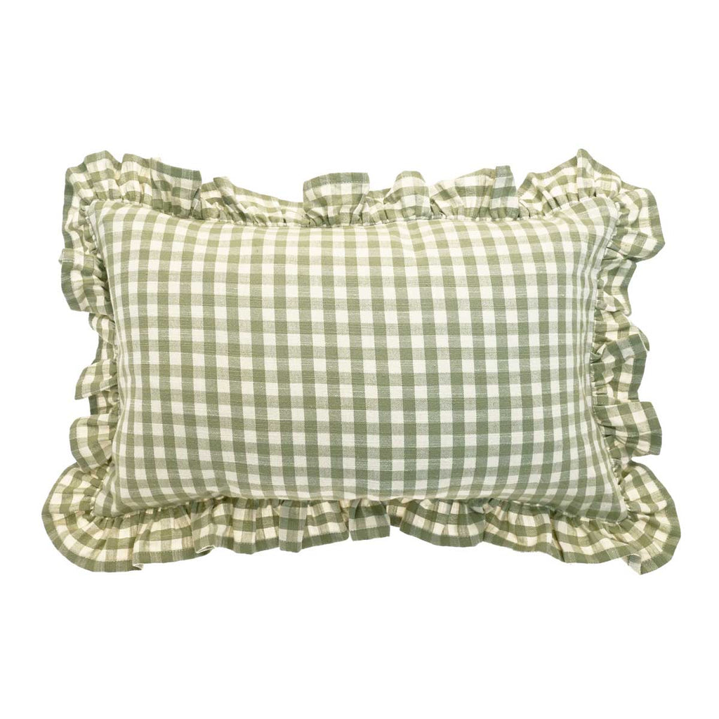 Gingham Linen Rectangular Ruffle Cushion, Olive - Angela Reed - 