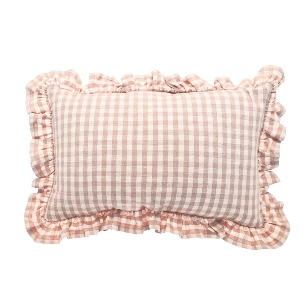 Gingham Linen Rectangular Ruffle Cushion, Pale Pink - Angela Reed - 