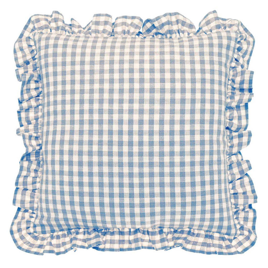 Gingham Linen Square Ruffle Cushion, Blue - Angela Reed - 