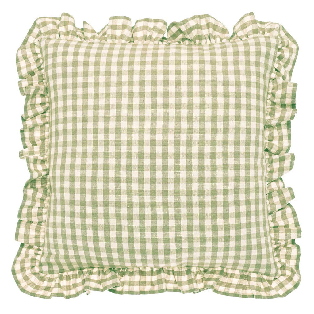 Gingham Linen Square Ruffle Cushion, Olive Green - Angela Reed - 