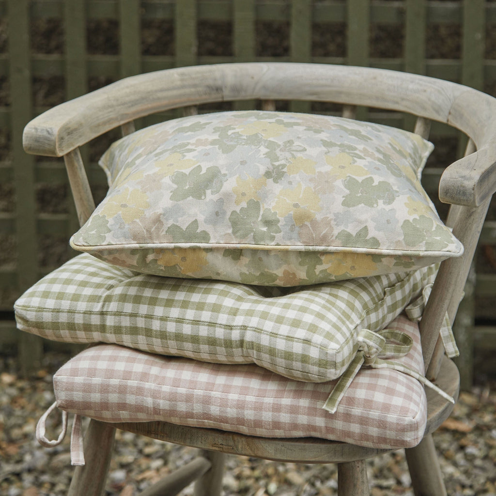 Gingham Seat Pad with Ties, Pale Olive - Angela Reed - 