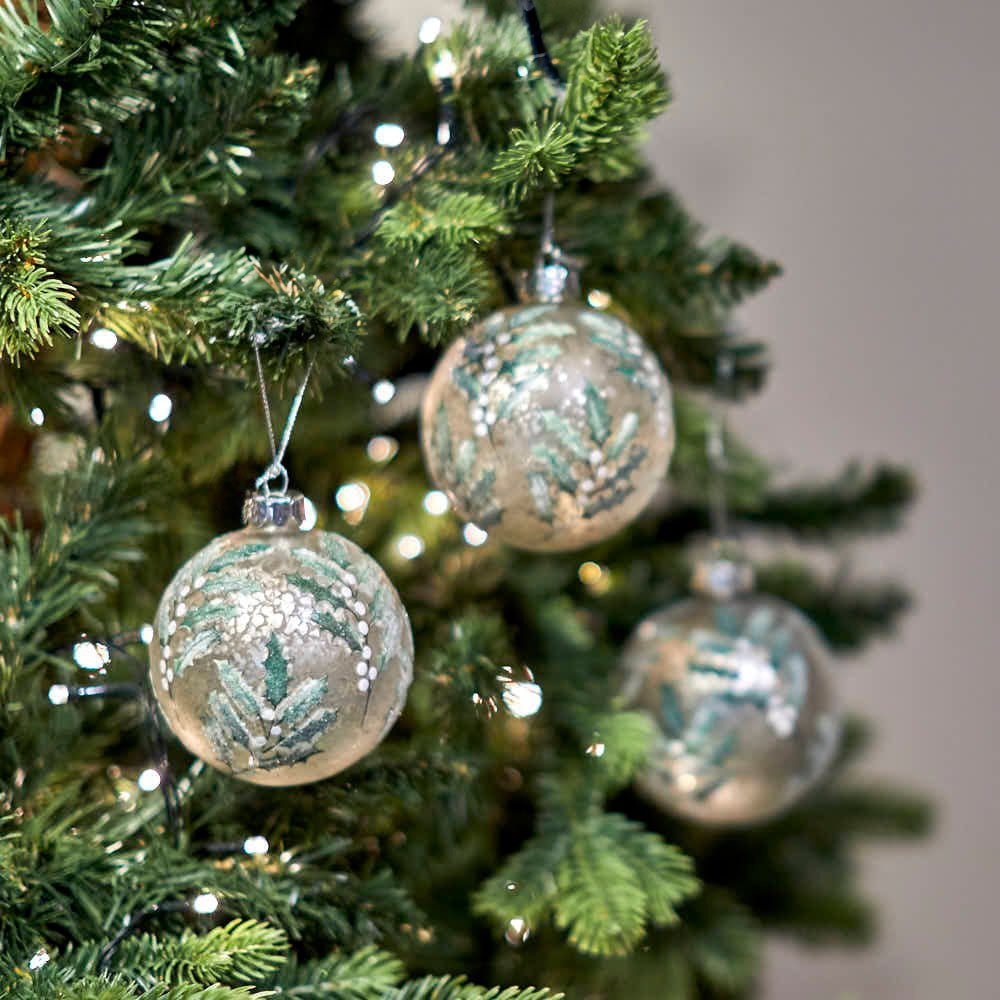 Glass Antique Silver Bauble with Holly - Angela Reed - Christmas Decorations