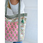 Green and Pink Block Printed Small Quilted Tote Bag - Angela Reed - 