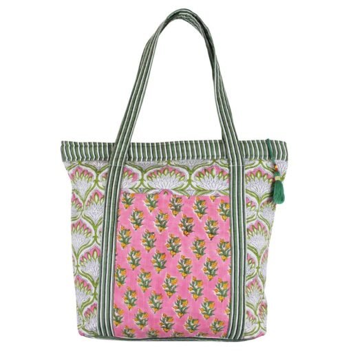 Green and Pink Block Printed Small Quilted Tote Bag - Angela Reed - 