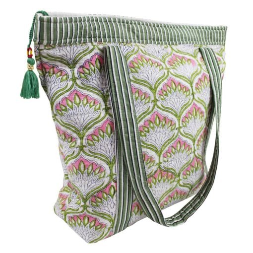 Green and Pink Block Printed Small Quilted Tote Bag - Angela Reed - 