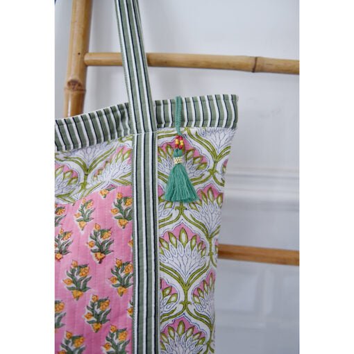 Green and Pink Block Printed Small Quilted Tote Bag - Angela Reed - 