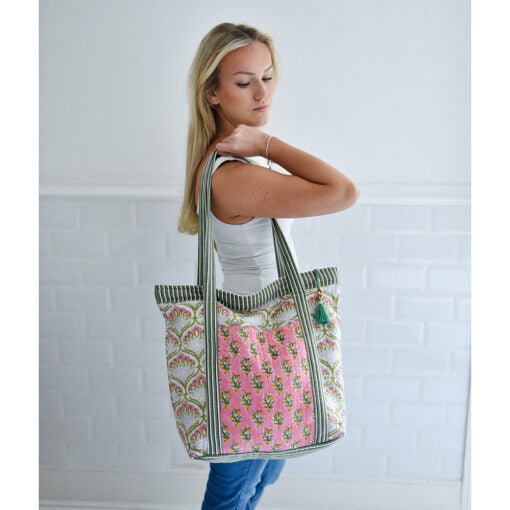 Green and Pink Block Printed Small Quilted Tote Bag - Angela Reed - 