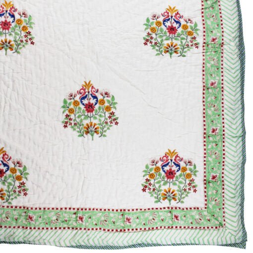 Green and White Floral Print Cotton Bedspread - Angela Reed - 
