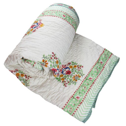 Green and White Floral Print Cotton Bedspread - Angela Reed - 