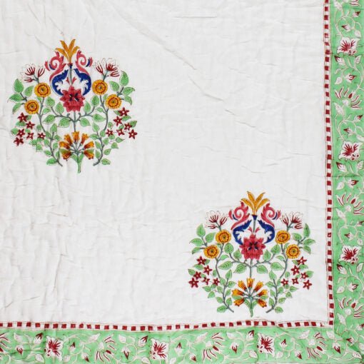 Green and White Floral Print Cotton Bedspread - Angela Reed - 