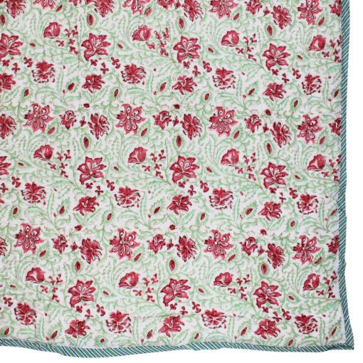 Green and White Floral Print Cotton Bedspread - Angela Reed - 